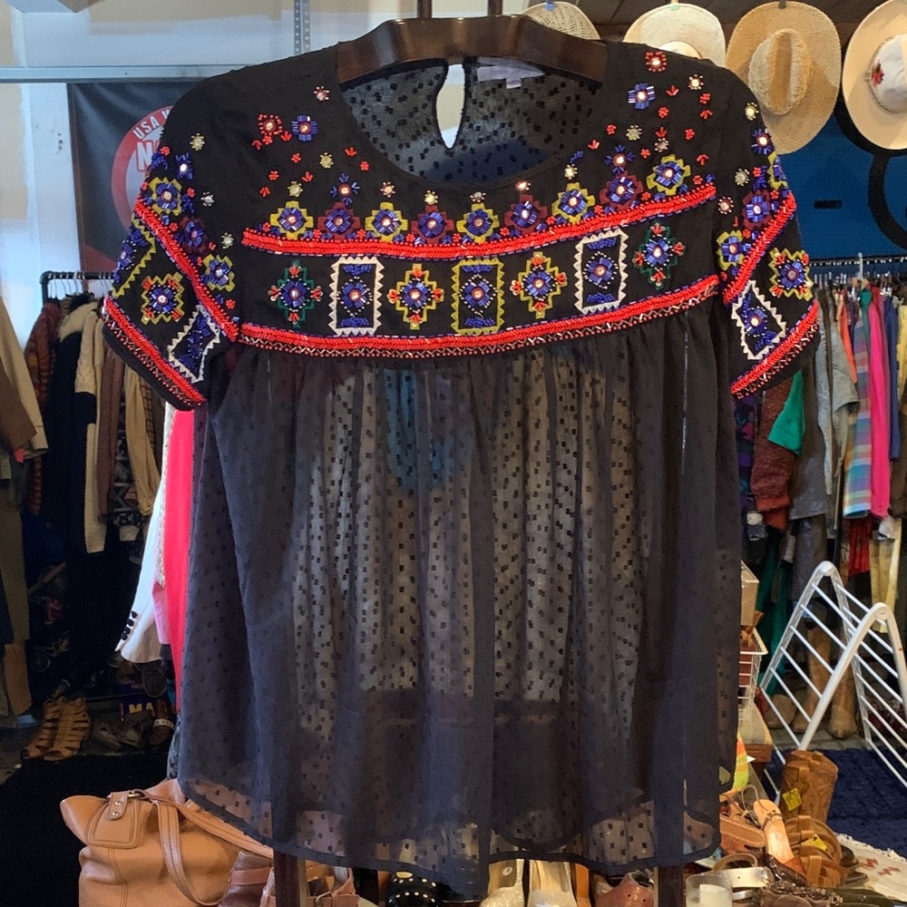 Embroidered Black Sheer Peasant Top